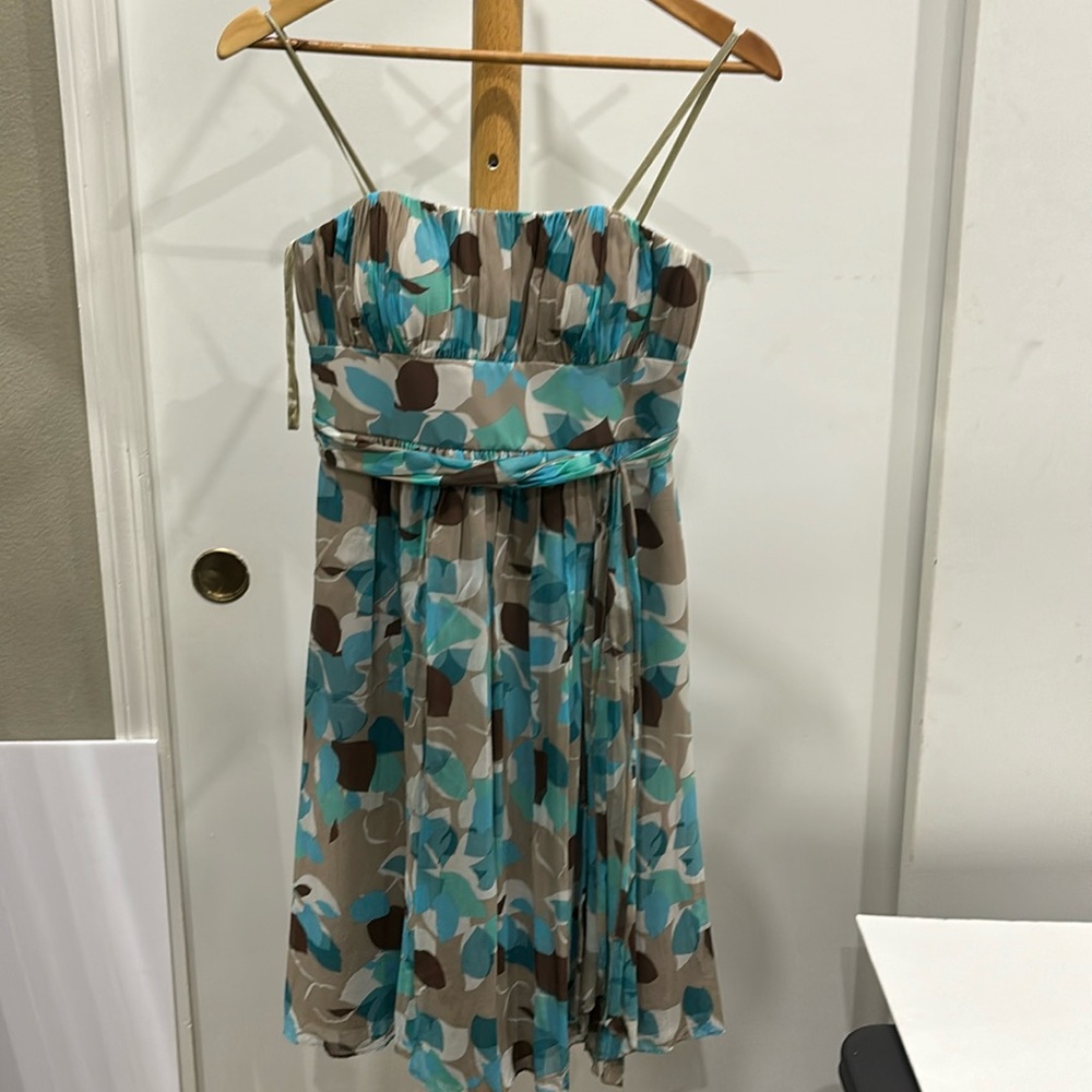 Max & Cleo silk floral dress in teal & brown. With fit and flare style.